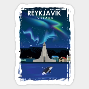 Reykjavik Iceland northern lights Travel Poster Sticker